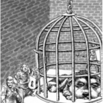 Puppy in a cage suspended in a dungeon with guards armed with morning stars.