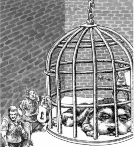 Puppy in a cage suspended in a dungeon with guards armed with morning stars.
