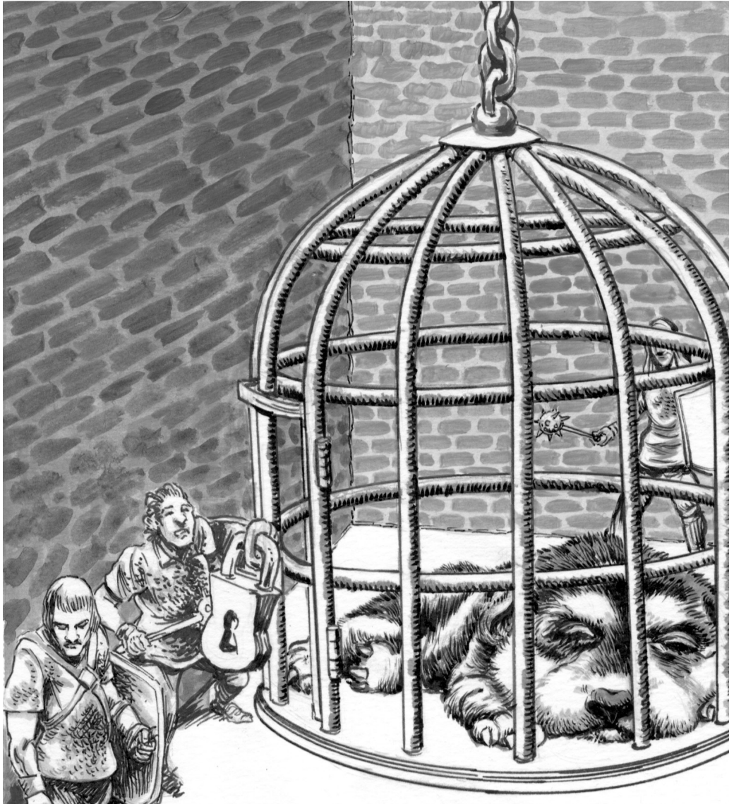 Puppy in a cage suspended in a dungeon with guards armed with morning stars.